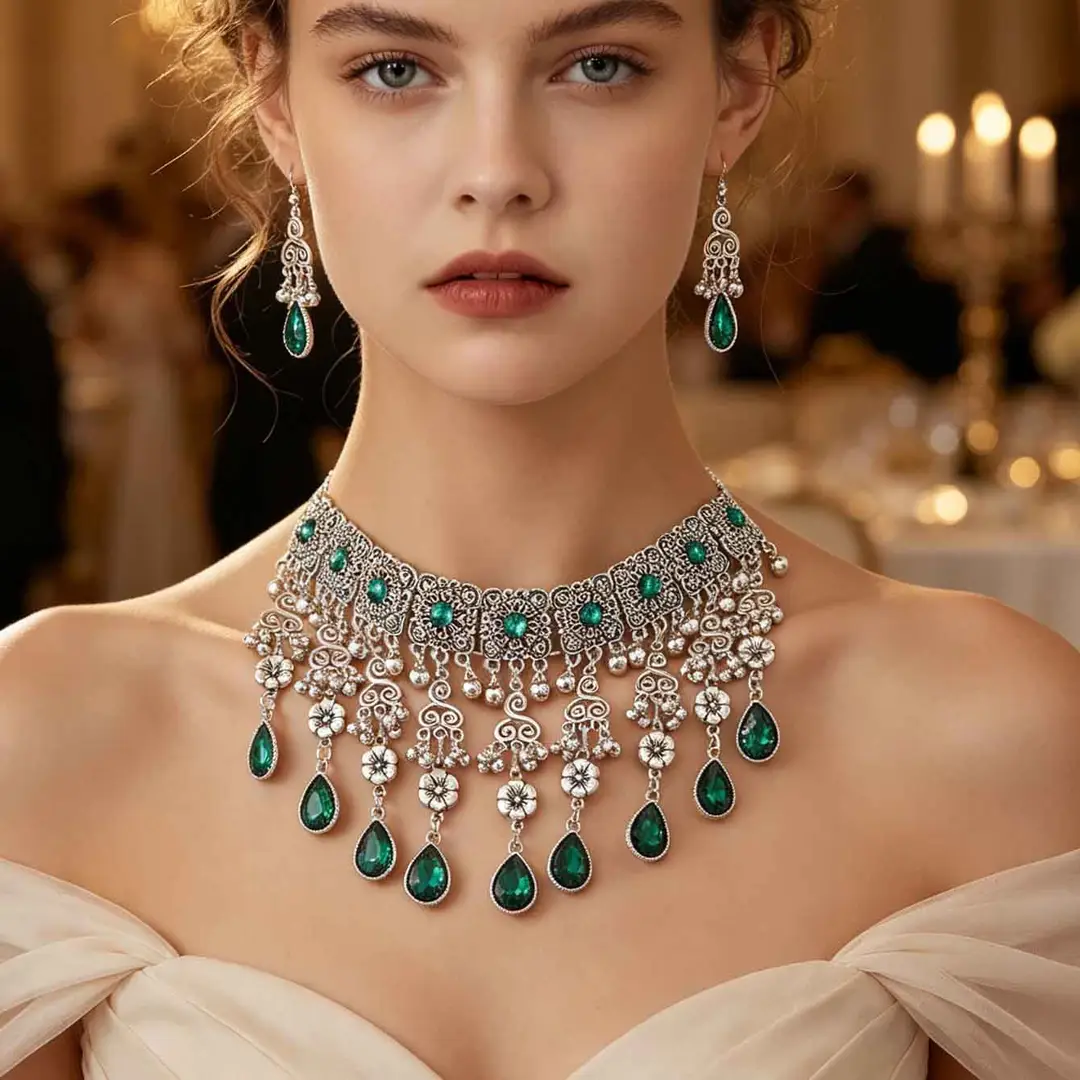 Factory Direct Sales Cross-Border New Multi-Layered Indian Style Tassel Necklace and Earrings Jewelry Set with Exotic Style Crystal Inlays — feature 7