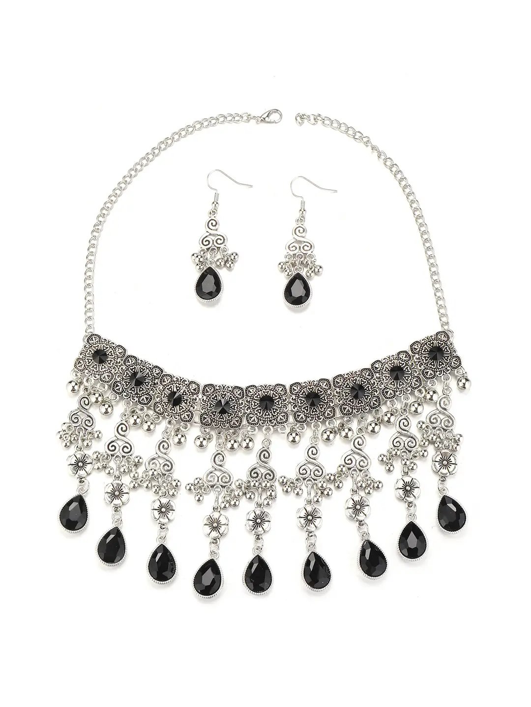 Factory Direct Sales Cross-Border New Multi-Layered Indian Style Tassel Necklace and Earrings Jewelry Set with Exotic Style Crystal Inlays — feature 8