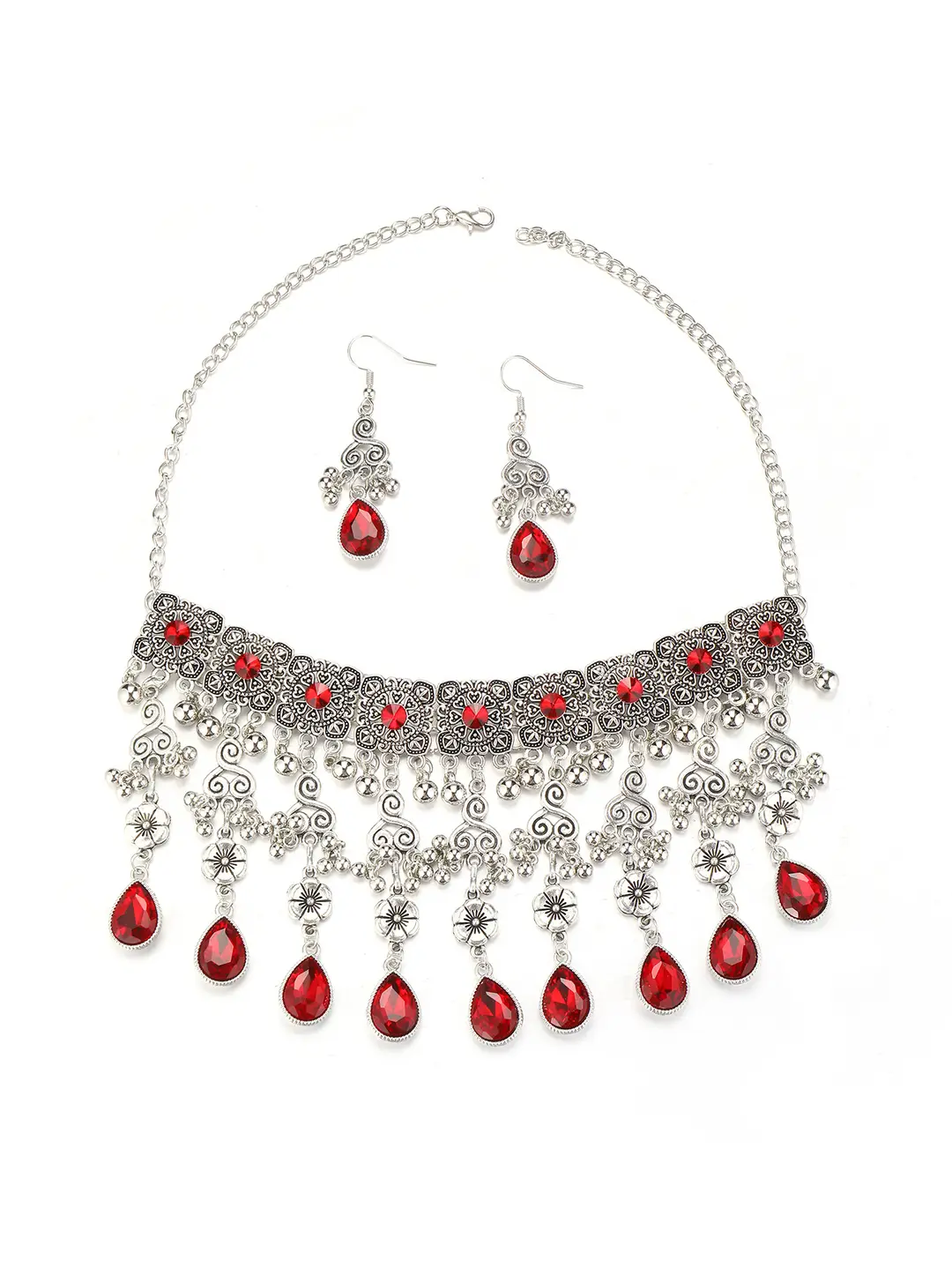 Factory Direct Sales Cross-Border New Multi-Layered Indian Style Tassel Necklace and Earrings Jewelry Set with Exotic Style Crystal Inlays — feature 9