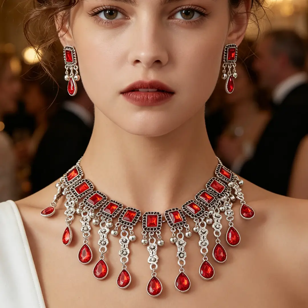 Factory Direct Sales Cross-Border New Multi-Layered Indian Style Tassel Necklace and Earrings Jewelry Set with Exotic Style Crystal Inlays