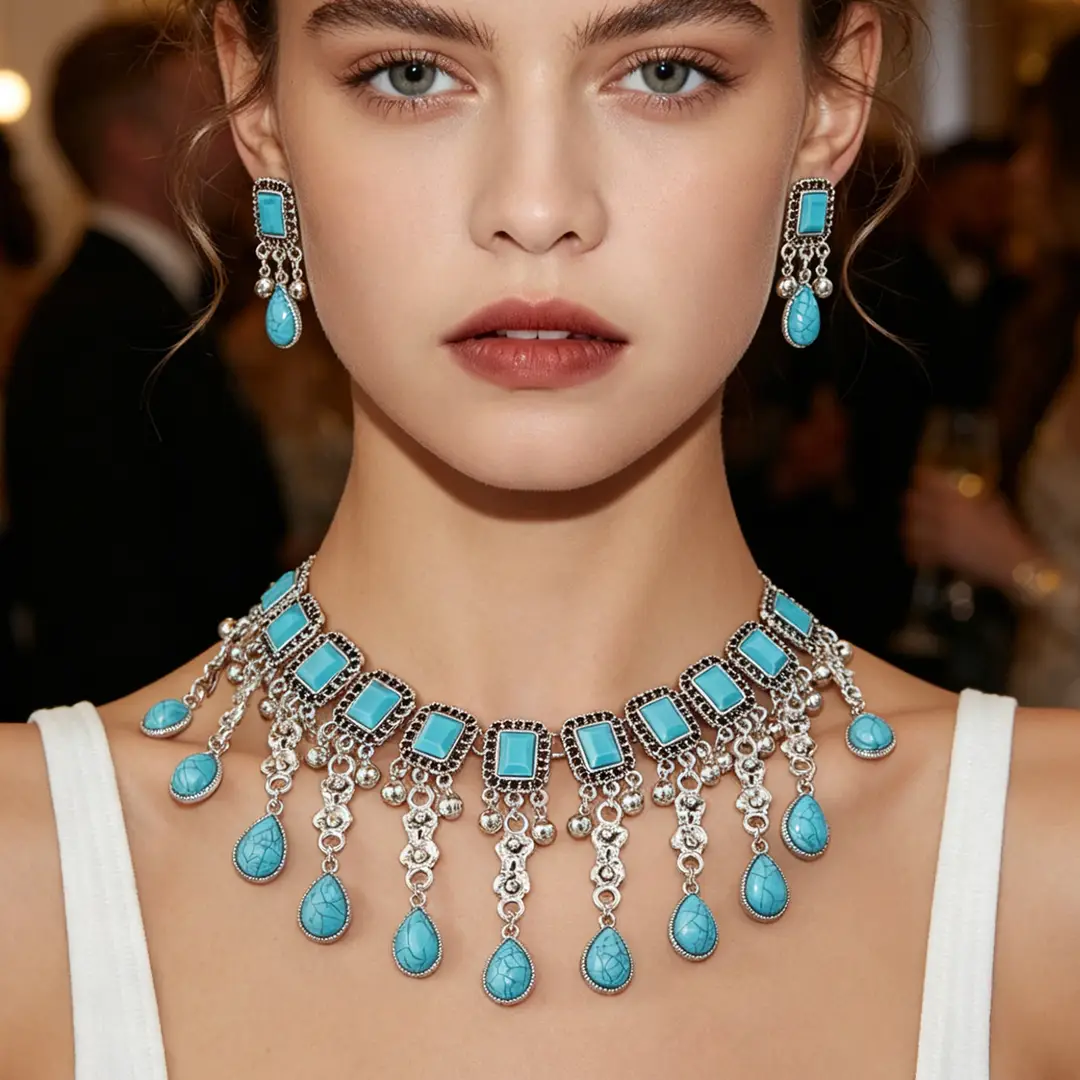 Factory Direct Sales Cross-Border New Multi-Layered Indian Style Tassel Necklace and Earrings Jewelry Set with Exotic Style Crystal Inlays