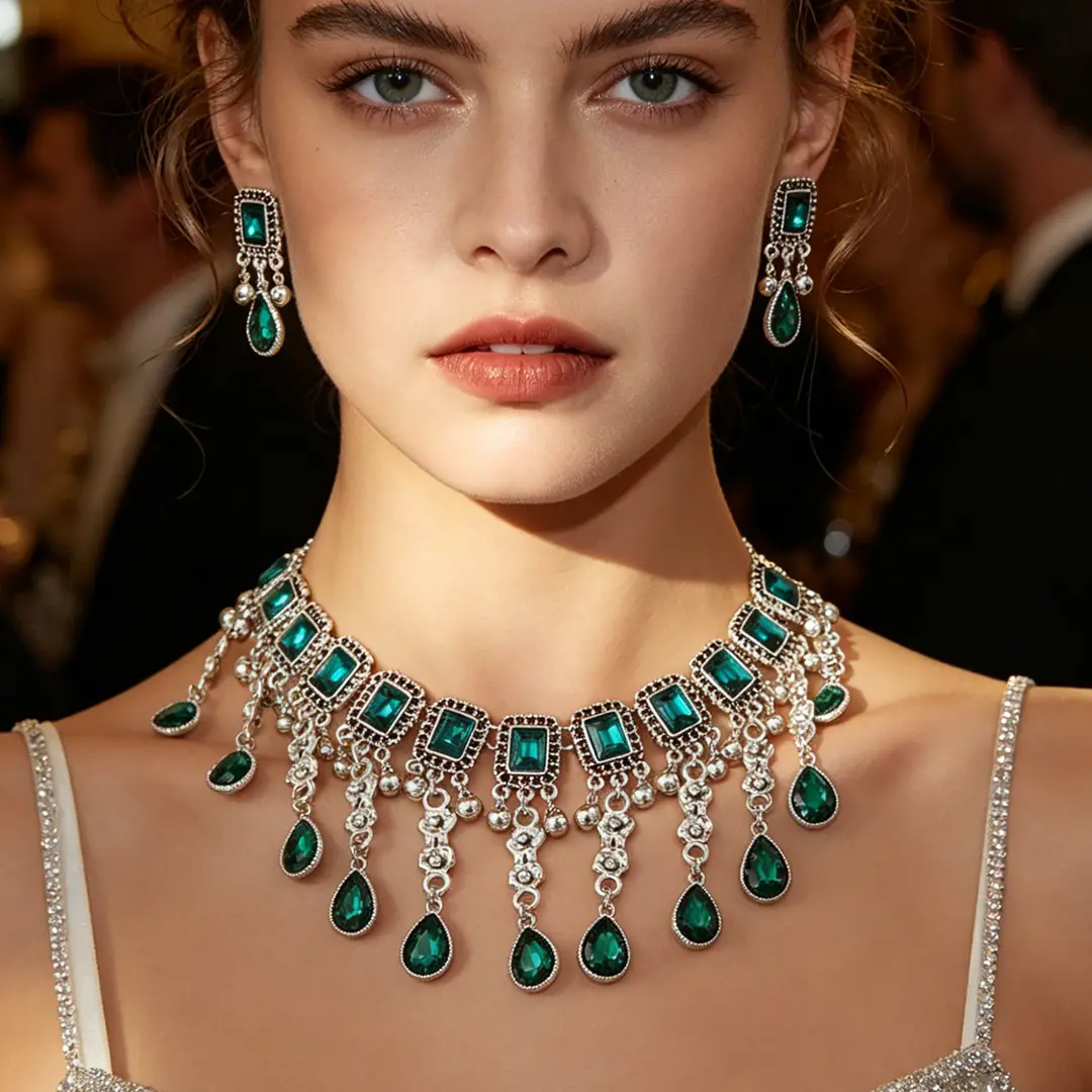 Factory Direct Sales Cross-Border New Multi-Layered Indian Style Tassel Necklace and Earrings Jewelry Set with Exotic Style Crystal Inlays