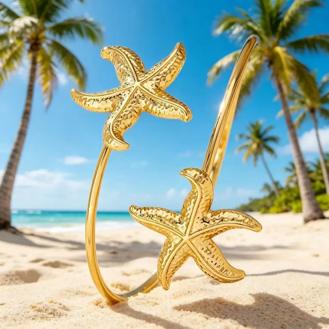 European and American Cross-Border Supply, Vacation Style Marine Life Starfish Arm Bracelet, Adjustable Open Cuff, Unique and Personalized