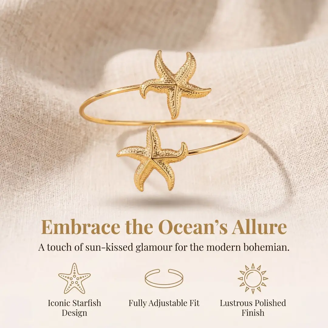 European and American Cross-Border Supply, Vacation Style Marine Life Starfish Arm Bracelet, Adjustable Open Cuff, Unique and Personalized — feature 2