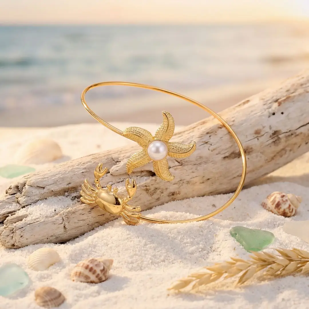 European and American Cross-Border Supply, Vacation Style Marine Life Starfish Arm Bracelet, Adjustable Open Cuff, Unique and Personalized