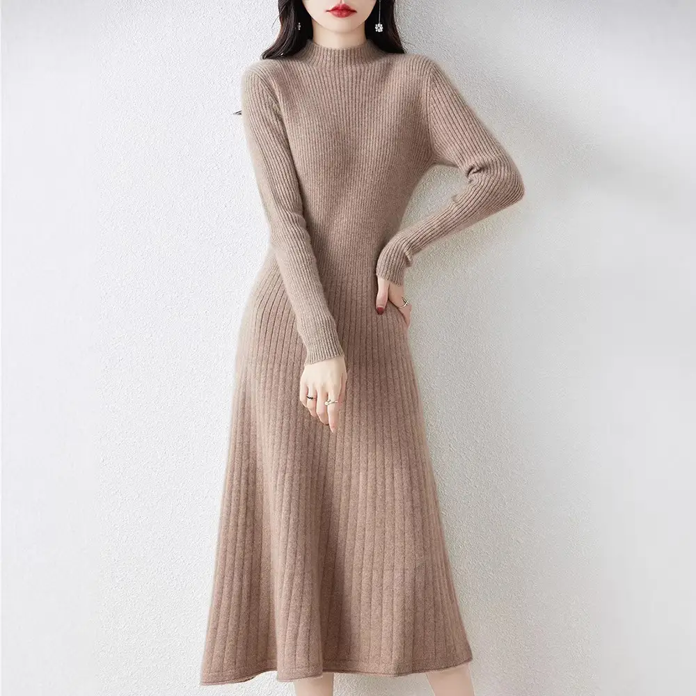 New Autumn and Winter Women's Slim-Fit, Mid-Length, Versatile Base Sweater Dress with a Half-High Collar and Knitted Design