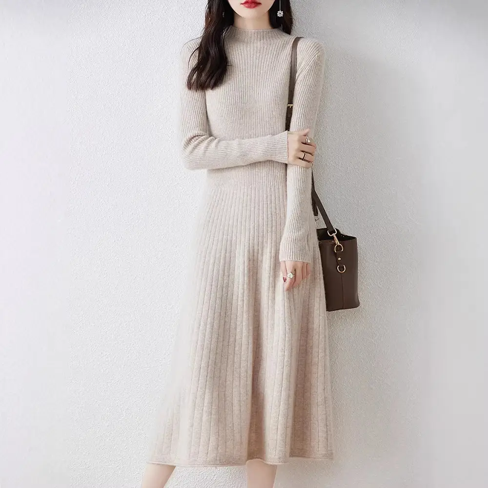 New Autumn and Winter Women's Slim-Fit, Mid-Length, Versatile Base Sweater Dress with a Half-High Collar and Knitted Design