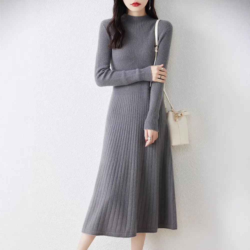 New Autumn and Winter Women's Slim-Fit, Mid-Length, Versatile Base Sweater Dress with a Half-High Collar and Knitted Design