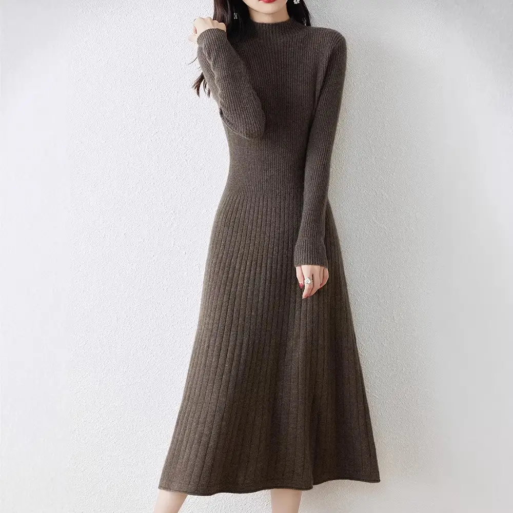 New Autumn and Winter Women's Slim-Fit, Mid-Length, Versatile Base Sweater Dress with a Half-High Collar and Knitted Design