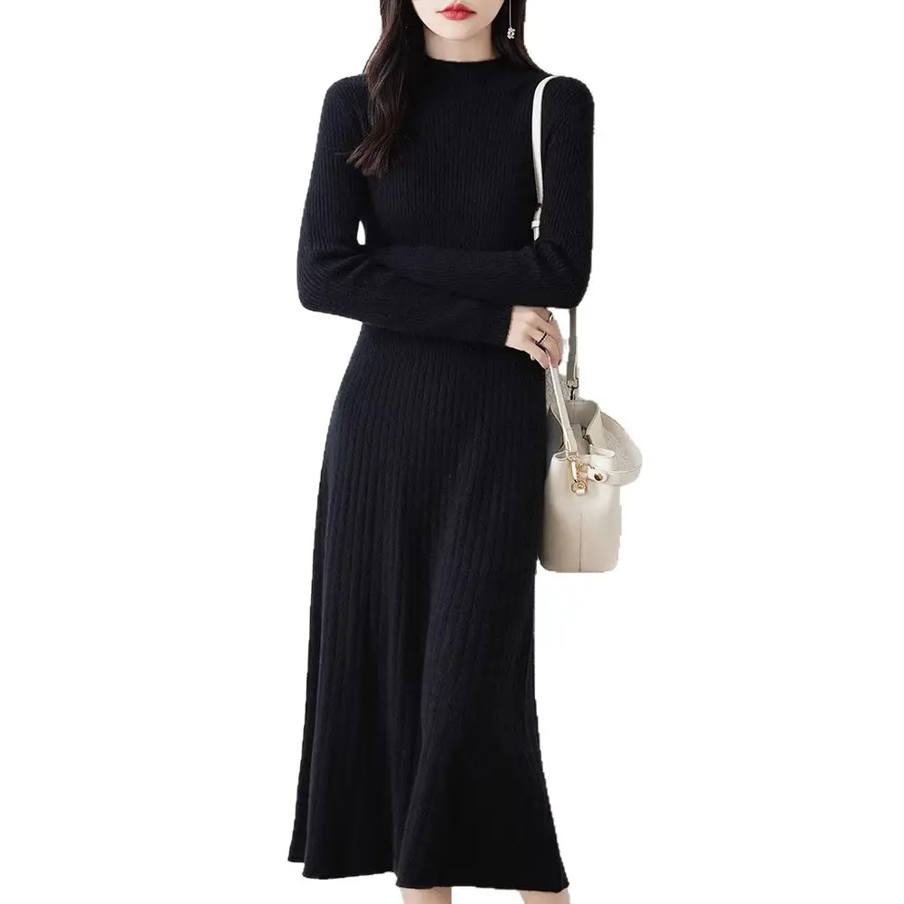 New Autumn and Winter Women's Slim-Fit, Mid-Length, Versatile Base Sweater Dress with a Half-High Collar and Knitted Design