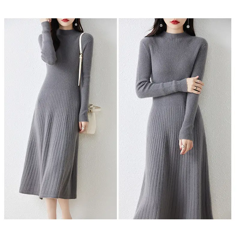 New Autumn and Winter Women's Slim-Fit, Mid-Length, Versatile Base Sweater Dress with a Half-High Collar and Knitted Design — feature 10