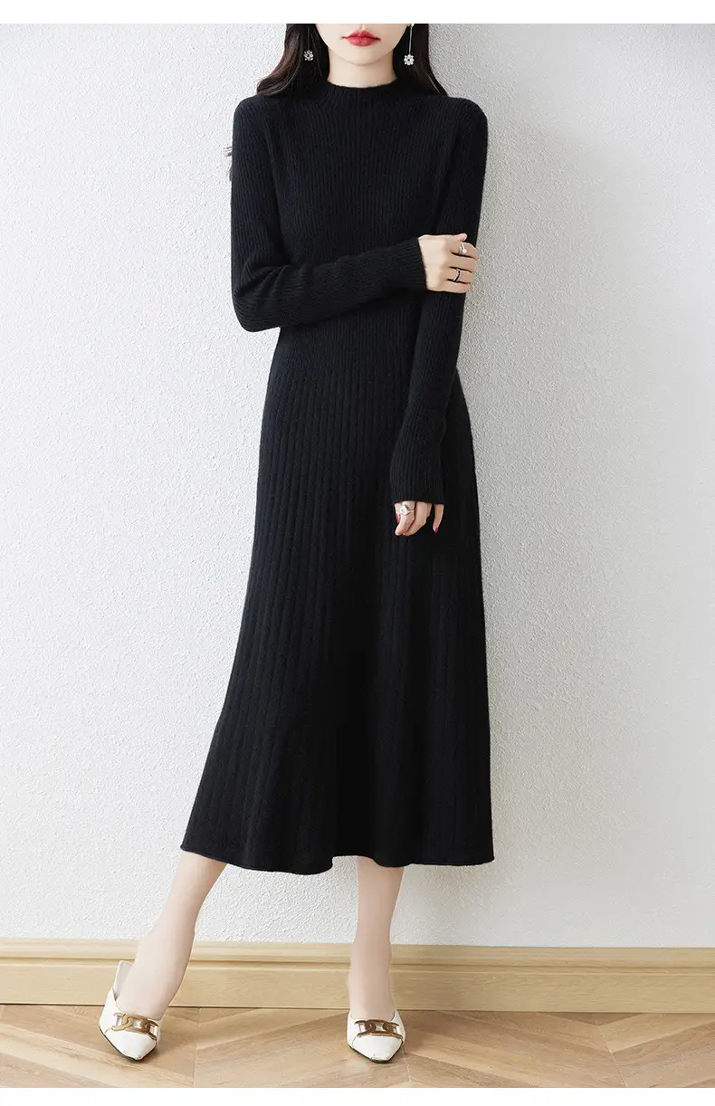 New Autumn and Winter Women's Slim-Fit, Mid-Length, Versatile Base Sweater Dress with a Half-High Collar and Knitted Design — feature 11