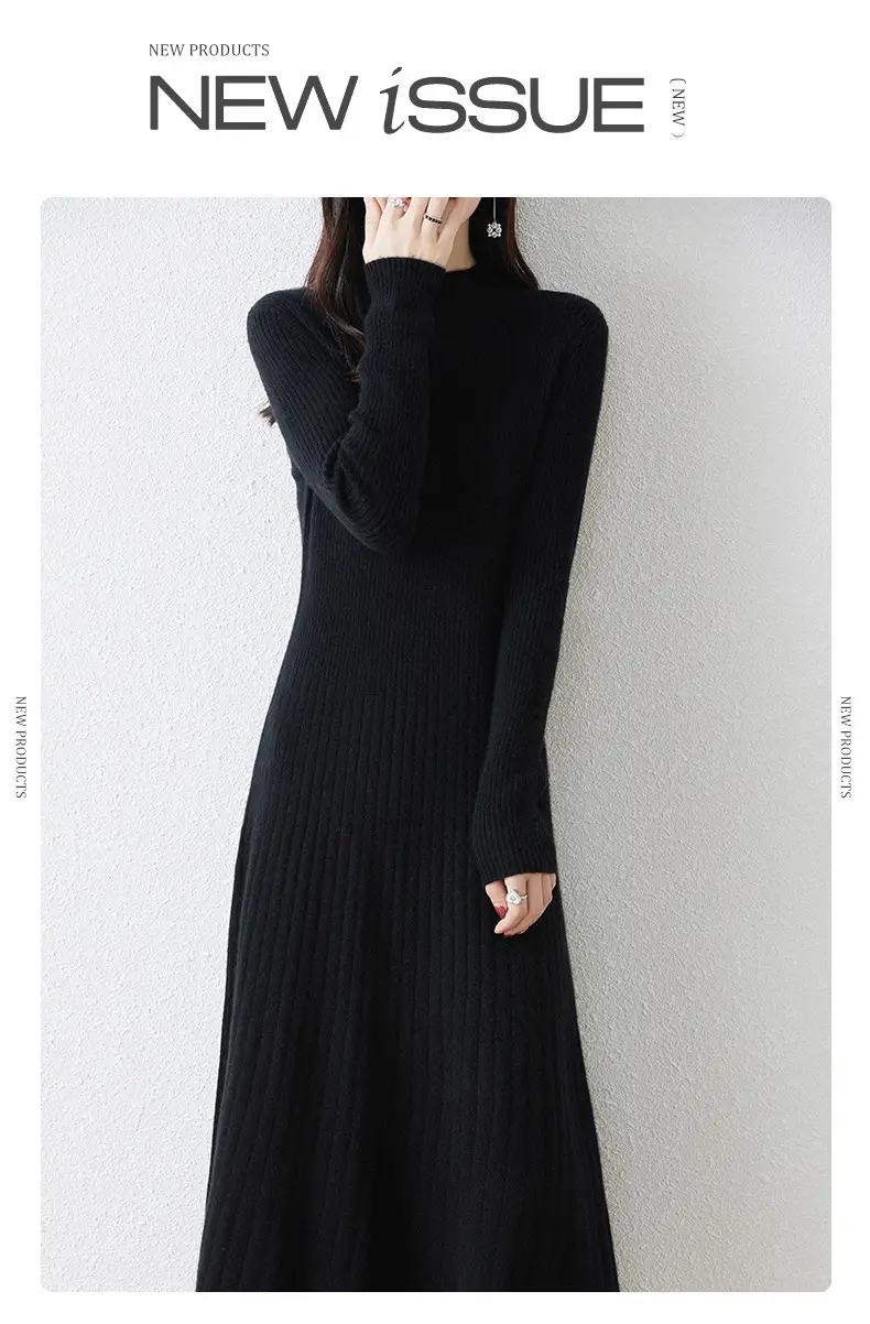 New Autumn and Winter Women's Slim-Fit, Mid-Length, Versatile Base Sweater Dress with a Half-High Collar and Knitted Design — feature 12