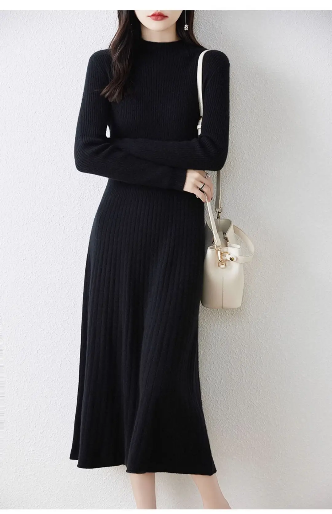 New Autumn and Winter Women's Slim-Fit, Mid-Length, Versatile Base Sweater Dress with a Half-High Collar and Knitted Design — feature 13