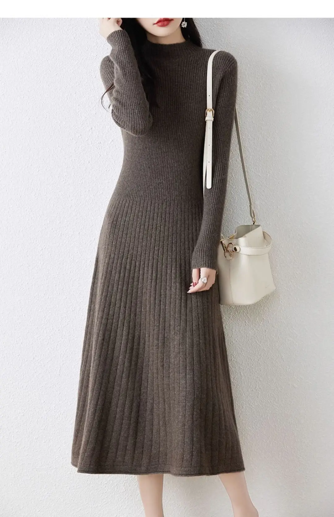 New Autumn and Winter Women's Slim-Fit, Mid-Length, Versatile Base Sweater Dress with a Half-High Collar and Knitted Design — feature 15