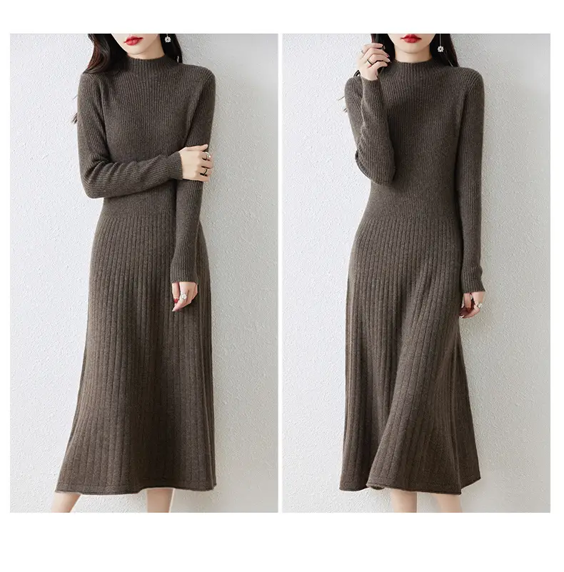 New Autumn and Winter Women's Slim-Fit, Mid-Length, Versatile Base Sweater Dress with a Half-High Collar and Knitted Design — feature 16