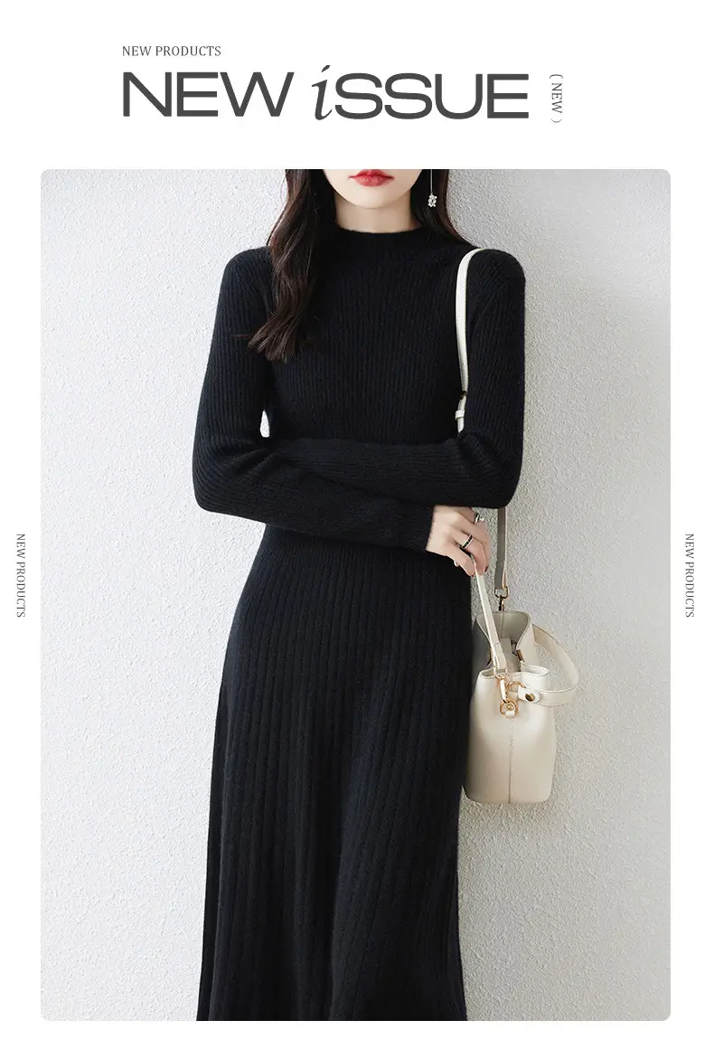 New Autumn and Winter Women's Slim-Fit, Mid-Length, Versatile Base Sweater Dress with a Half-High Collar and Knitted Design — feature 18