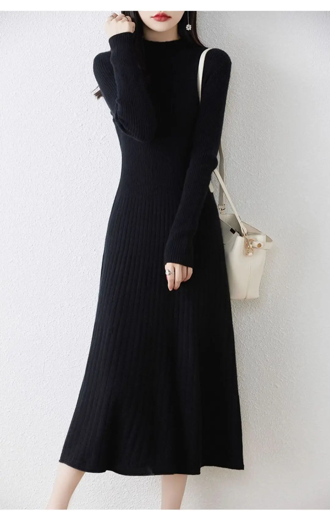 New Autumn and Winter Women's Slim-Fit, Mid-Length, Versatile Base Sweater Dress with a Half-High Collar and Knitted Design — feature 19