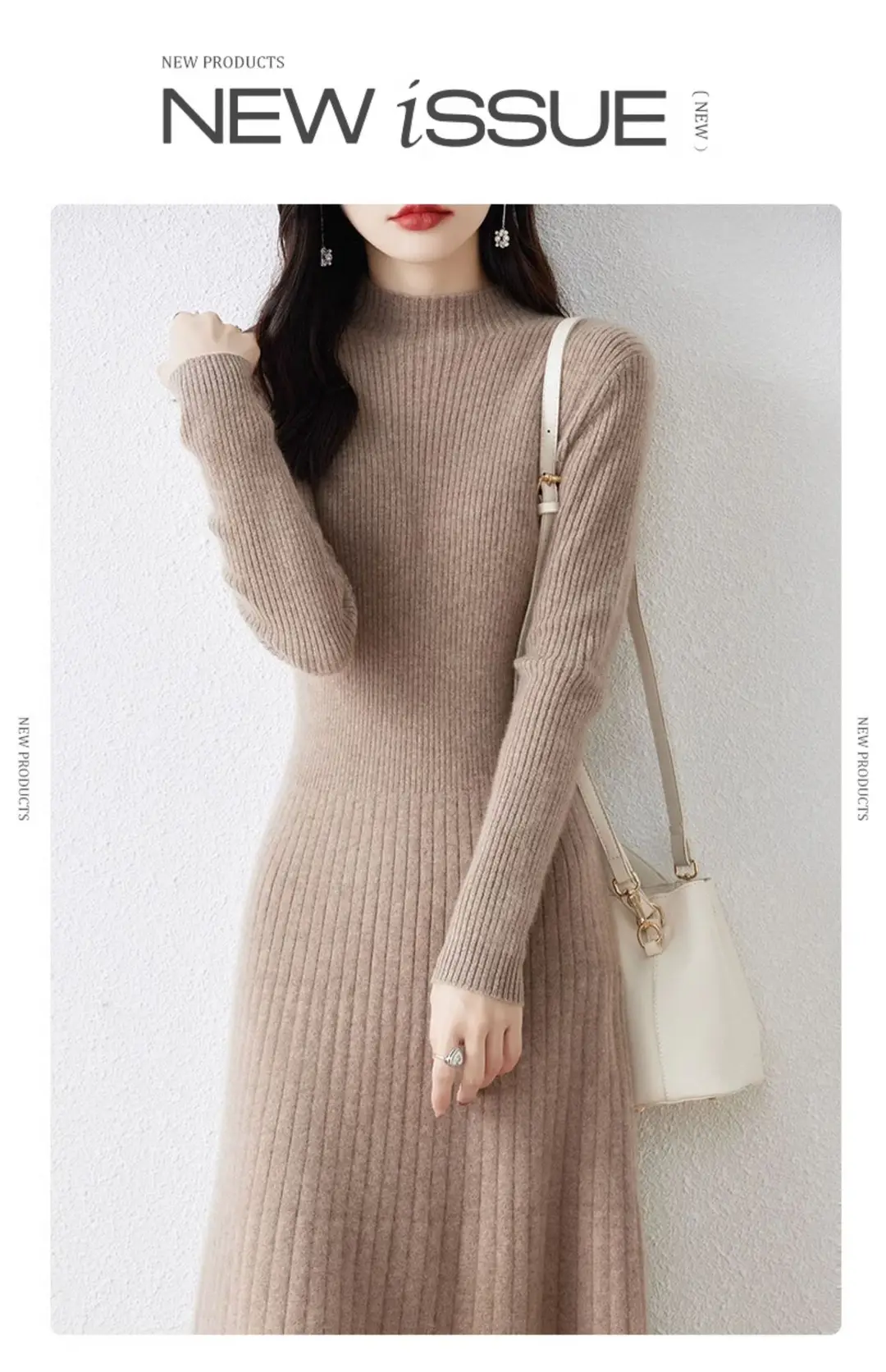 New Autumn and Winter Women's Slim-Fit, Mid-Length, Versatile Base Sweater Dress with a Half-High Collar and Knitted Design — feature 6