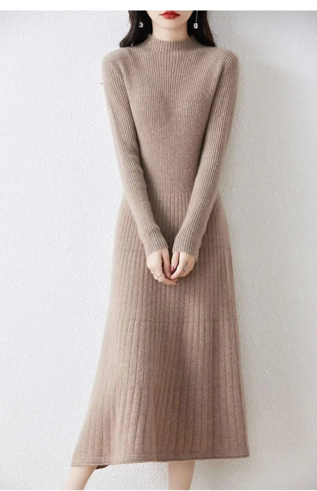 New Autumn and Winter Women's Slim-Fit, Mid-Length, Versatile Base Sweater Dress with a Half-High Collar and Knitted Design — feature 7