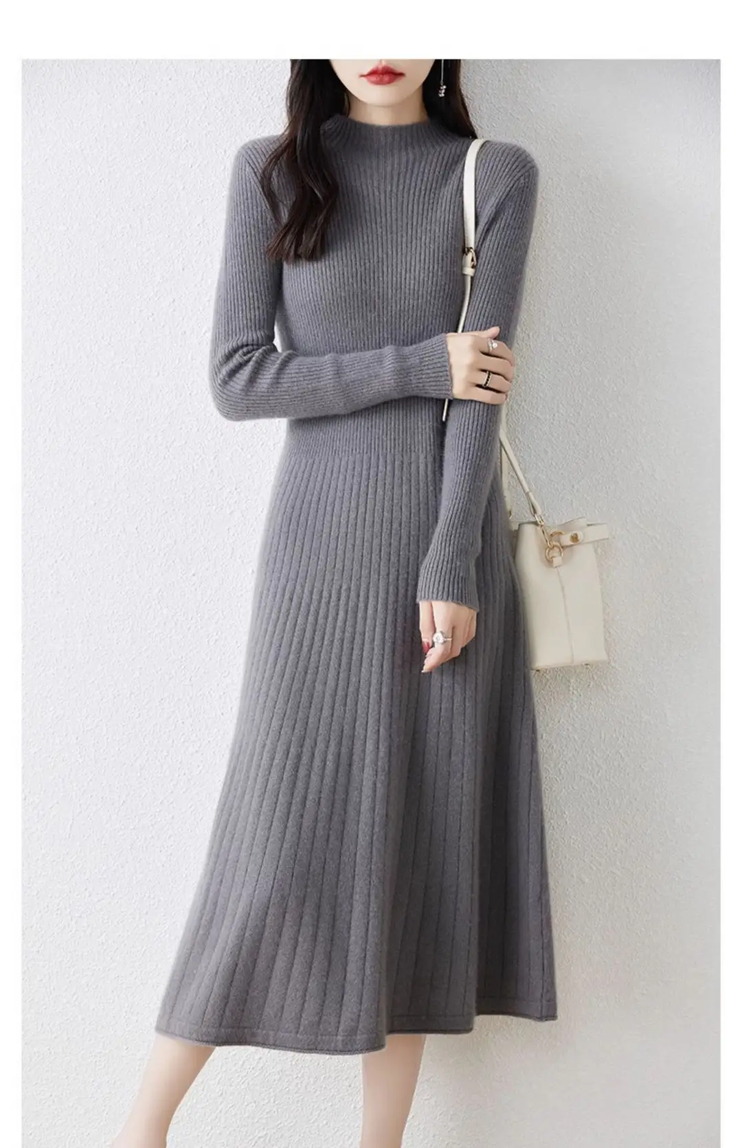 New Autumn and Winter Women's Slim-Fit, Mid-Length, Versatile Base Sweater Dress with a Half-High Collar and Knitted Design — feature 8