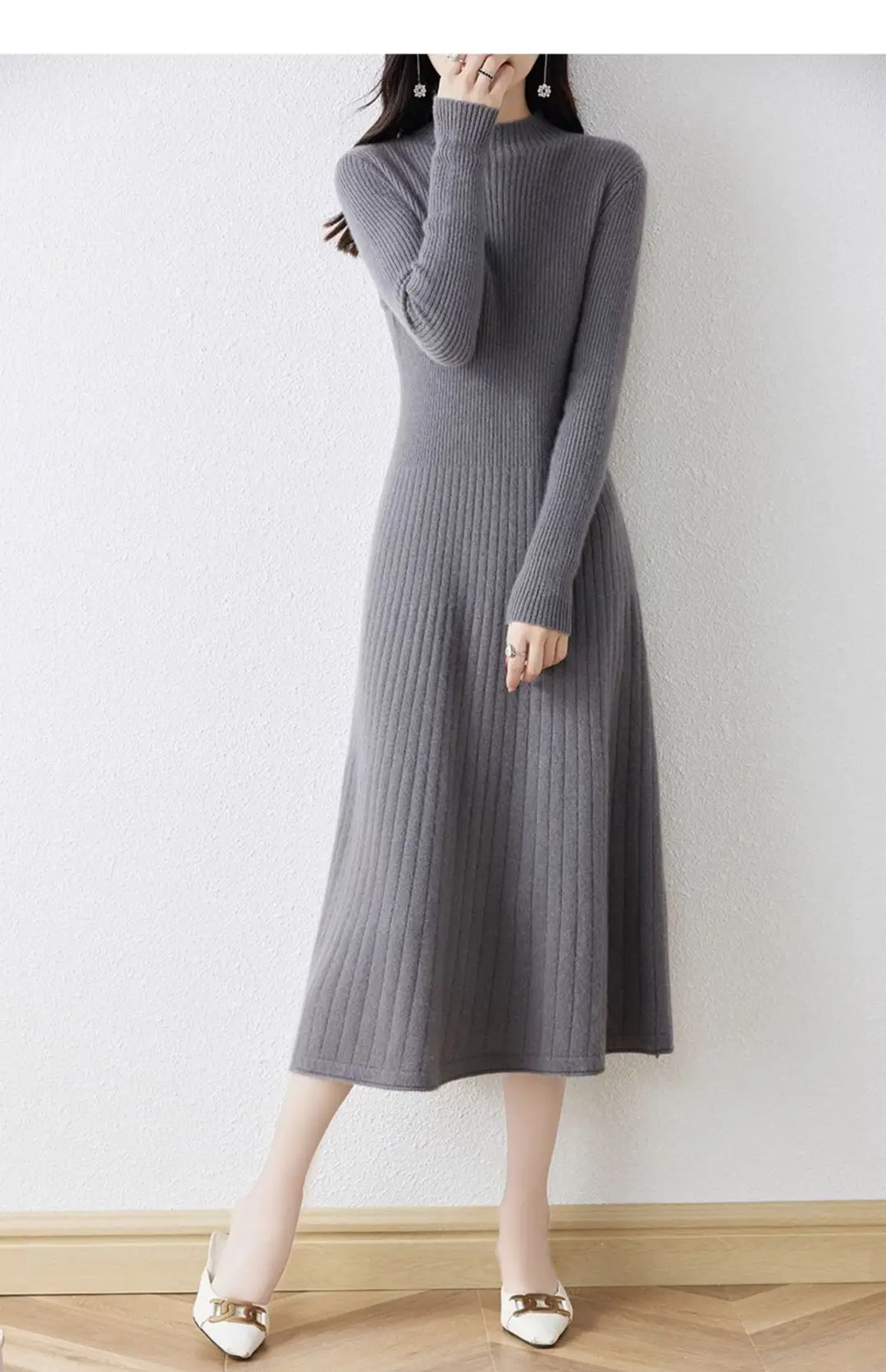 New Autumn and Winter Women's Slim-Fit, Mid-Length, Versatile Base Sweater Dress with a Half-High Collar and Knitted Design — feature 9