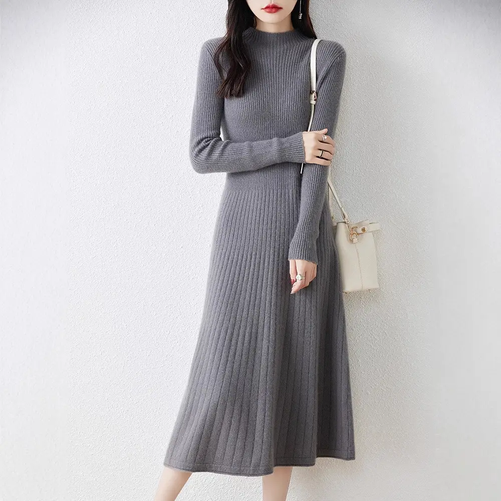 New Autumn and Winter Women's Slim-Fit, Mid-Length, Versatile Base Sweater Dress with a Half-High Collar and Knitted Design