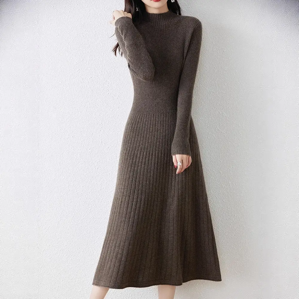 New Autumn and Winter Women's Slim-Fit, Mid-Length, Versatile Base Sweater Dress with a Half-High Collar and Knitted Design
