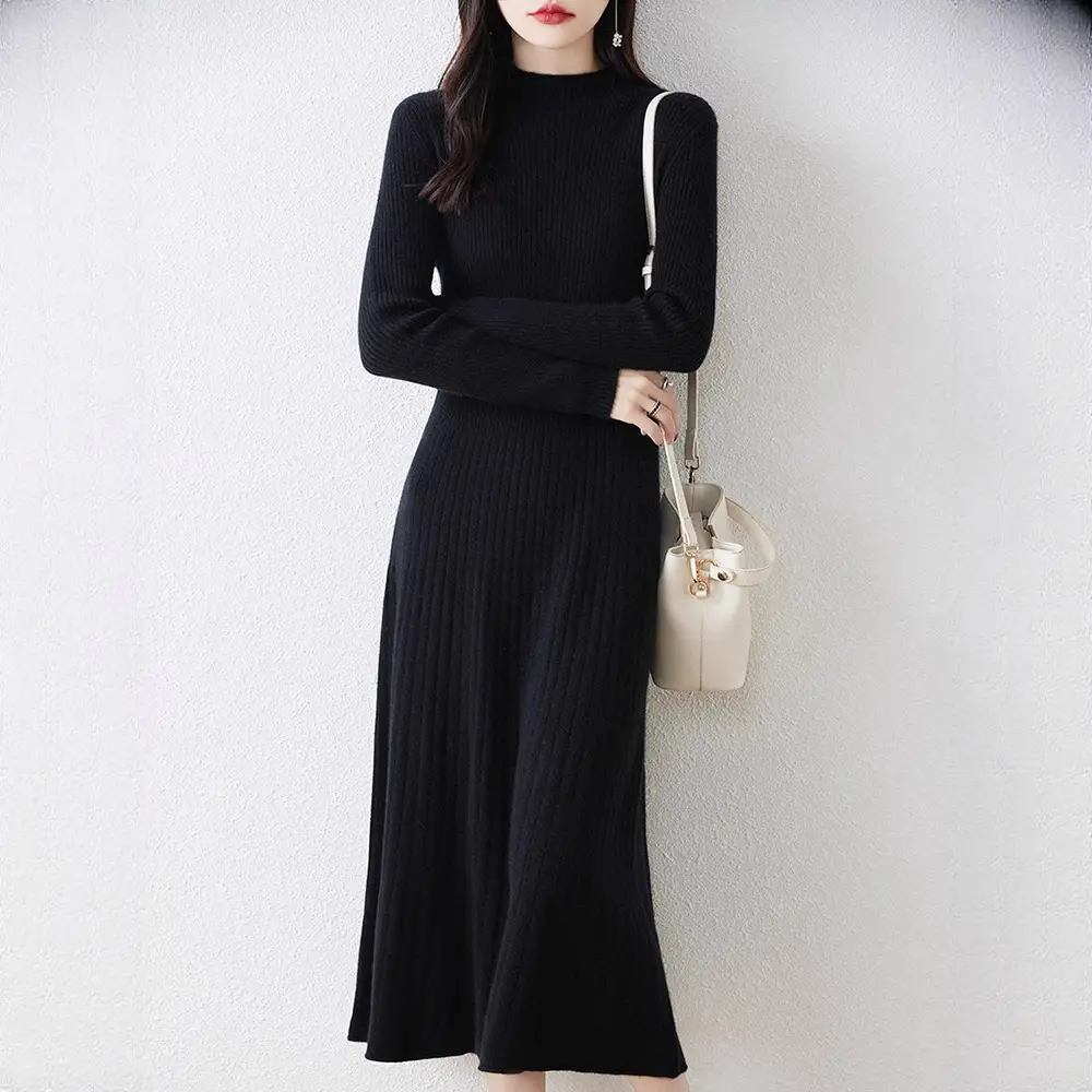 New Autumn and Winter Women's Slim-Fit, Mid-Length, Versatile Base Sweater Dress with a Half-High Collar and Knitted Design