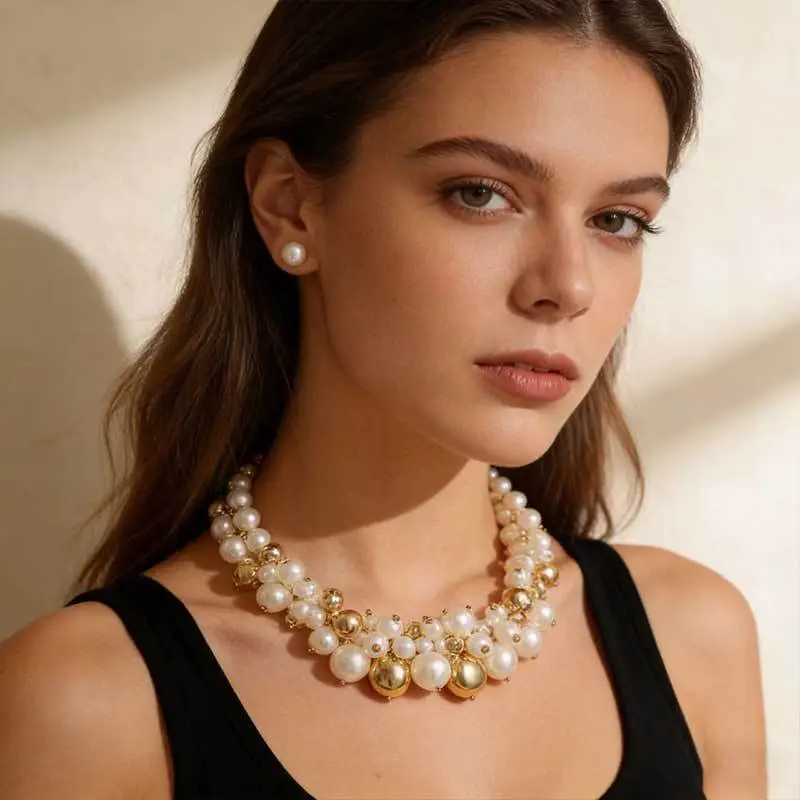 Cross-Border Exclusive Supply of Irregular Geometric Beaded Necklace and Earring Set, French Retro European and American Exquisite Pearl Clavicle Chain — feature 11