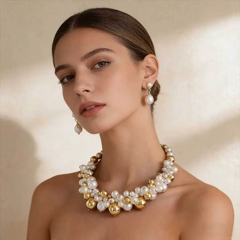 Cross-Border Exclusive Supply of Irregular Geometric Beaded Necklace and Earring Set, French Retro European and American Exquisite Pearl Clavicle Chain — feature 12