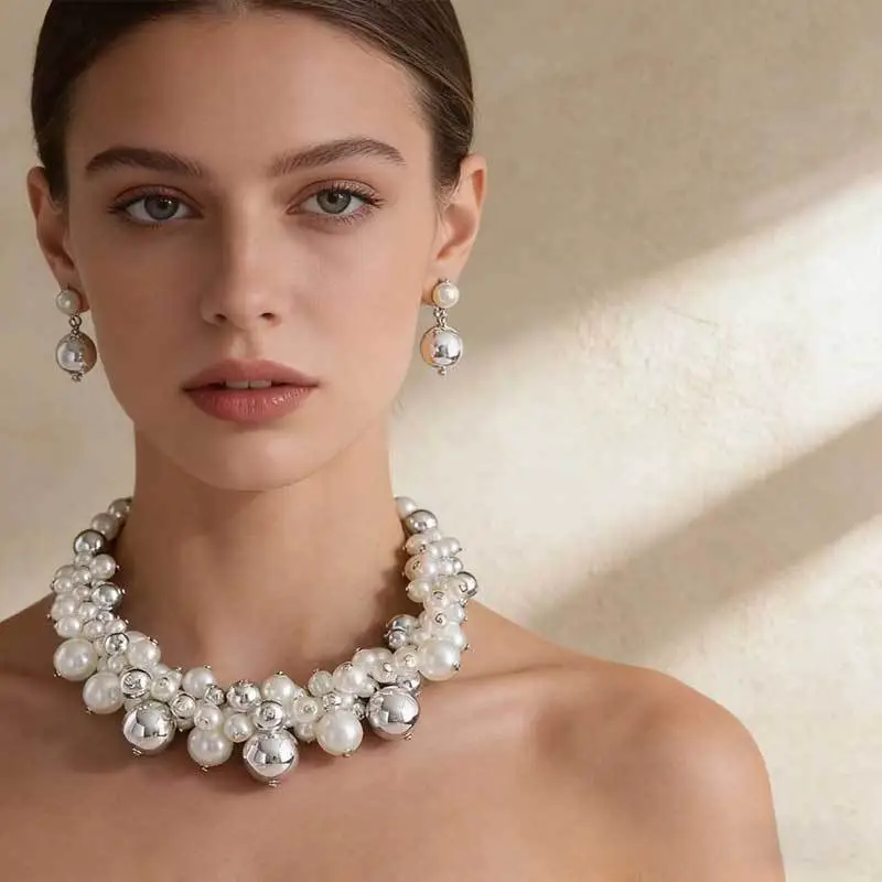 Cross-Border Exclusive Supply of Irregular Geometric Beaded Necklace and Earring Set, French Retro European and American Exquisite Pearl Clavicle Chain — feature 13