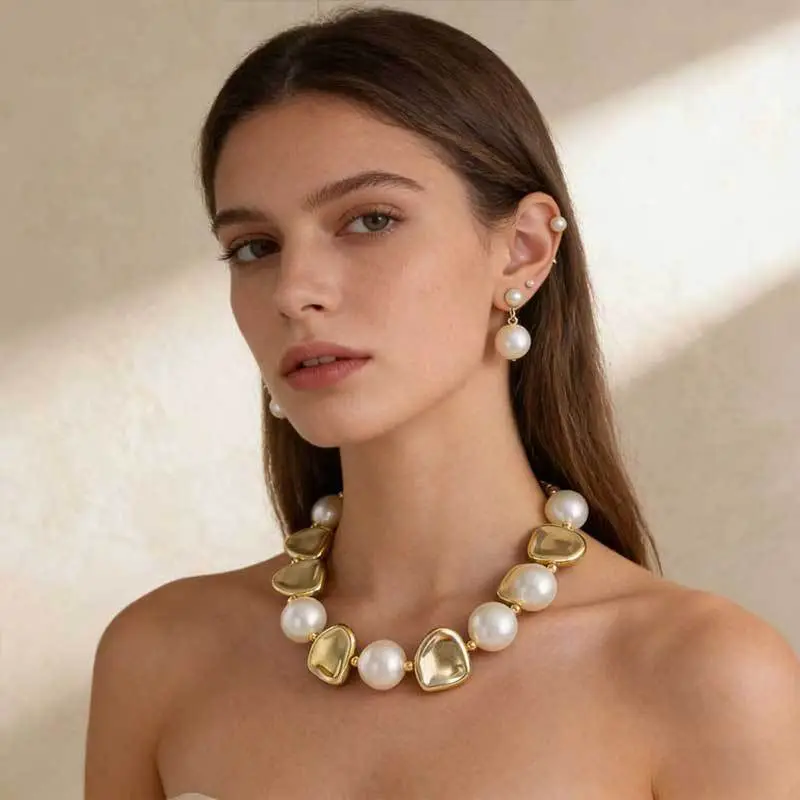 Cross-Border Exclusive Supply of Irregular Geometric Beaded Necklace and Earring Set, French Retro European and American Exquisite Pearl Clavicle Chain — feature 15