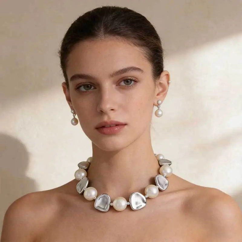 Cross-Border Exclusive Supply of Irregular Geometric Beaded Necklace and Earring Set, French Retro European and American Exquisite Pearl Clavicle Chain — feature 16