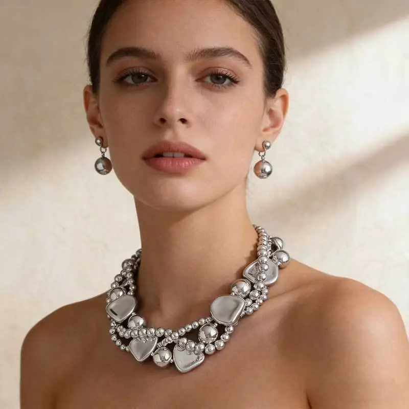 Cross-Border Exclusive Supply of Irregular Geometric Beaded Necklace and Earring Set, French Retro European and American Exquisite Pearl Clavicle Chain — feature 18