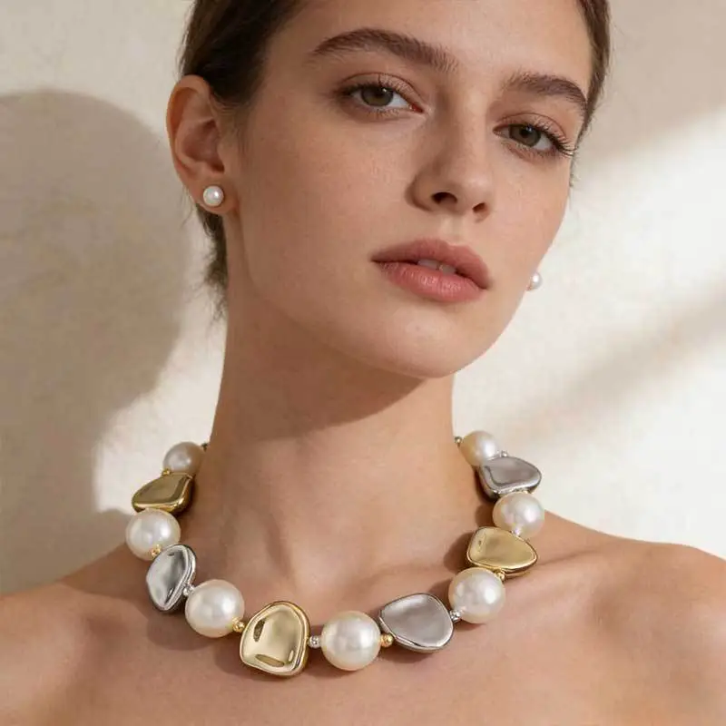 Cross-Border Exclusive Supply of Irregular Geometric Beaded Necklace and Earring Set, French Retro European and American Exquisite Pearl Clavicle Chain — feature 19