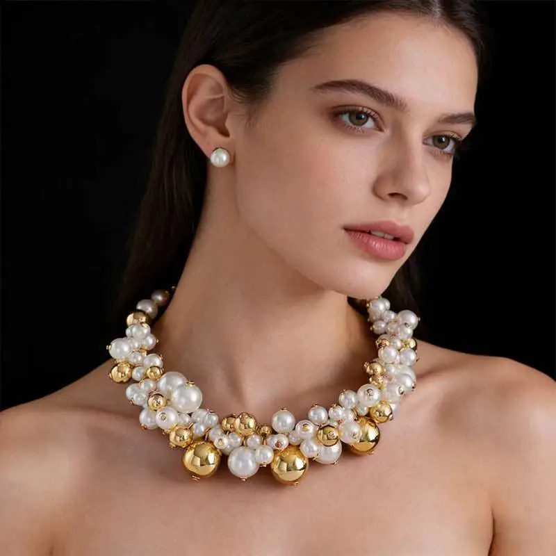 Cross-Border Exclusive Supply of Irregular Geometric Beaded Necklace and Earring Set, French Retro European and American Exquisite Pearl Clavicle Chain — feature 20