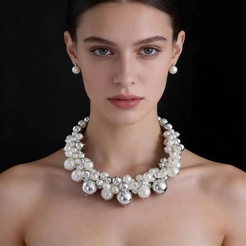 Cross-Border Exclusive Supply of Irregular Geometric Beaded Necklace and Earring Set, French Retro European and American Exquisite Pearl Clavicle Chain — feature 21