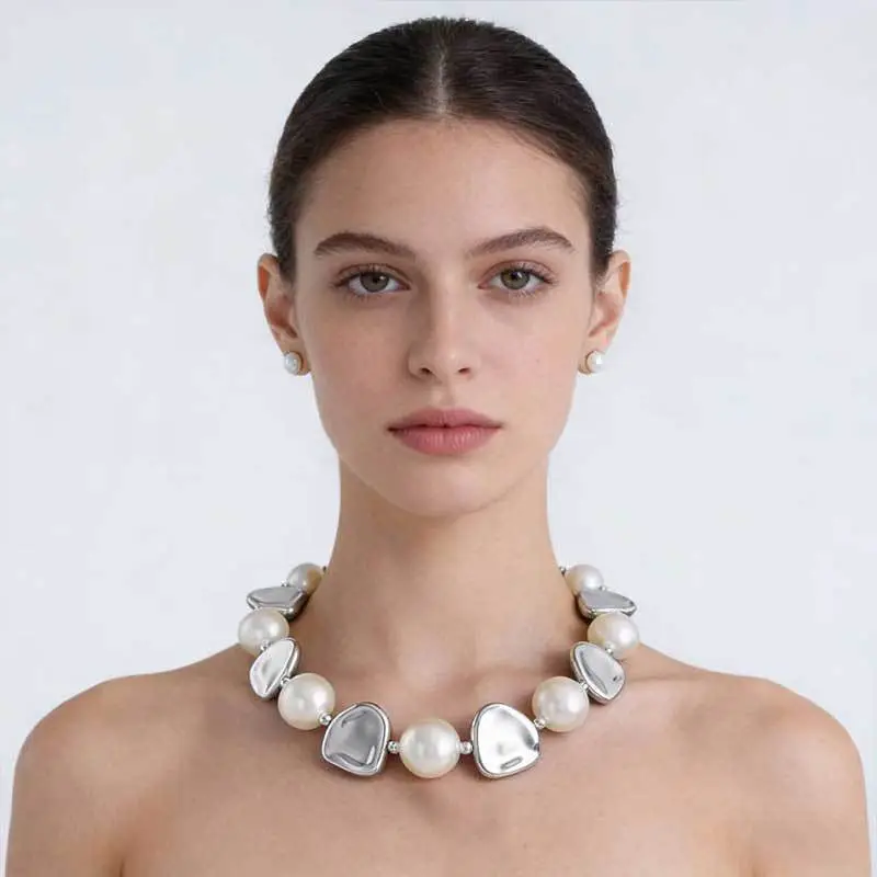 Cross-Border Exclusive Supply of Irregular Geometric Beaded Necklace and Earring Set, French Retro European and American Exquisite Pearl Clavicle Chain — feature 23
