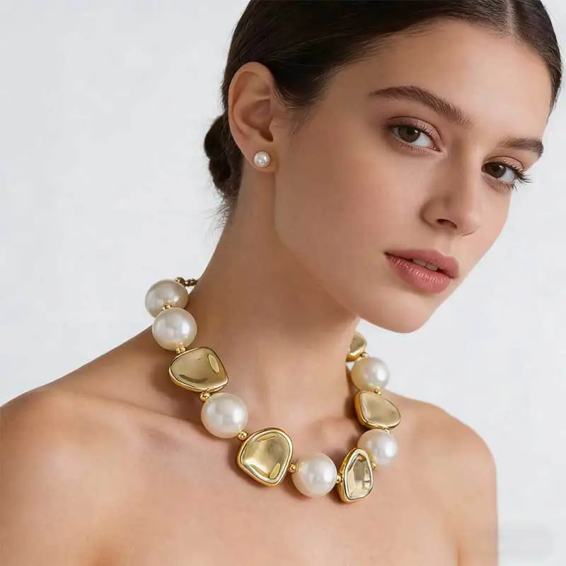 Cross-Border Exclusive Supply of Irregular Geometric Beaded Necklace and Earring Set, French Retro European and American Exquisite Pearl Clavicle Chain — feature 24