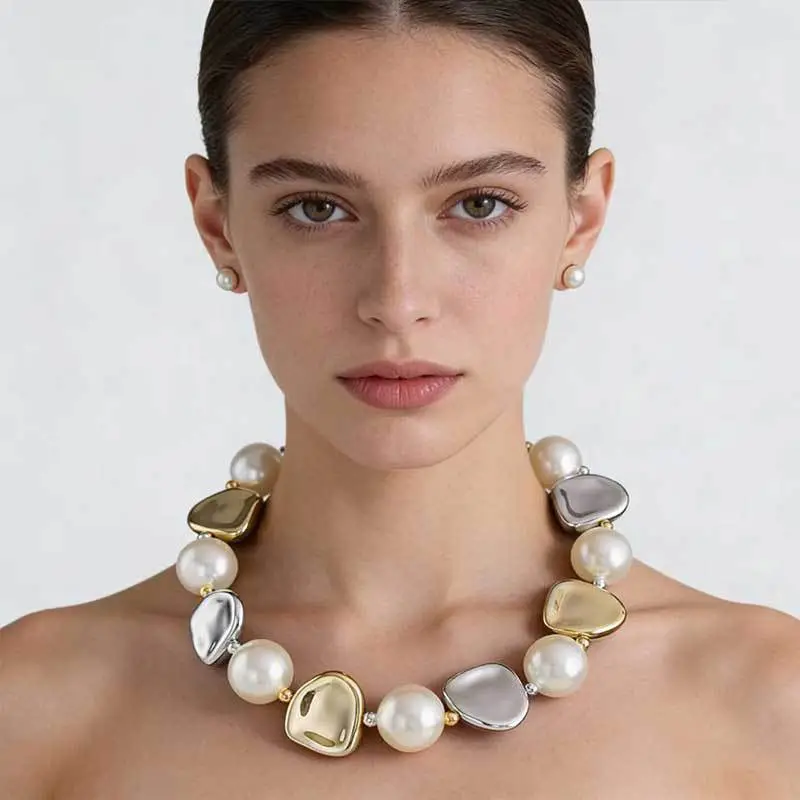 Cross-Border Exclusive Supply of Irregular Geometric Beaded Necklace and Earring Set, French Retro European and American Exquisite Pearl Clavicle Chain — feature 27