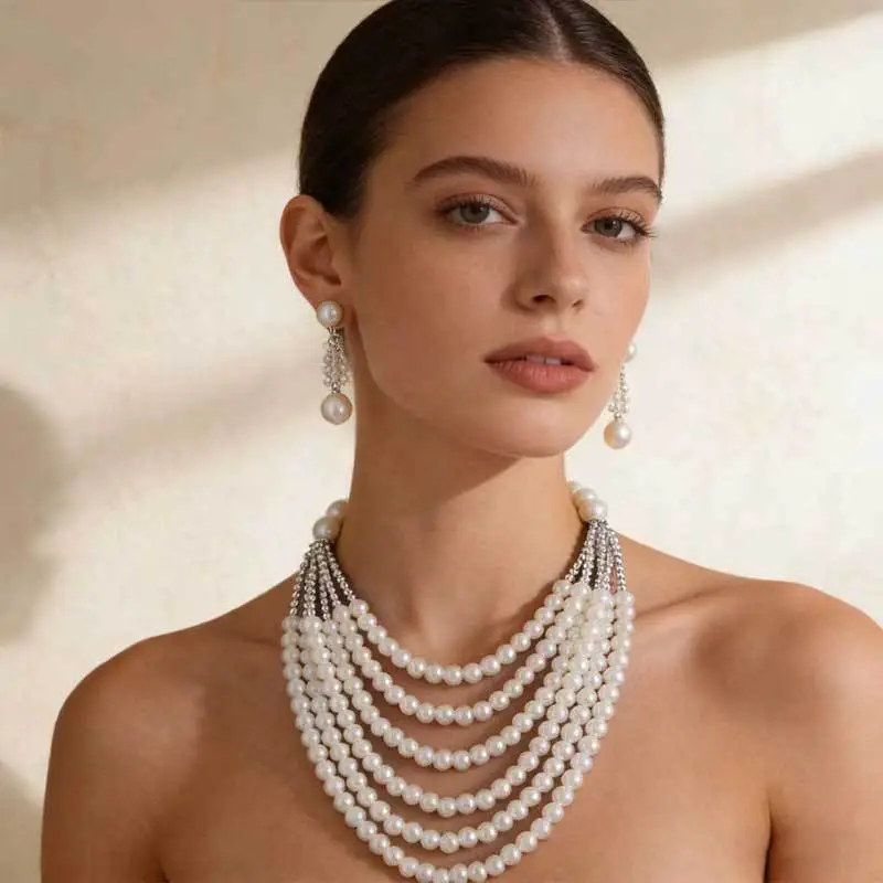 Cross-Border Exclusive Supply of Irregular Geometric Beaded Necklace and Earring Set, French Retro European and American Exquisite Pearl Clavicle Chain — feature 28