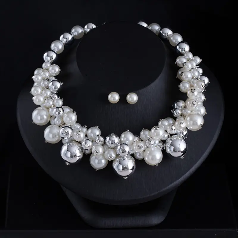 Cross-Border Exclusive Supply of Irregular Geometric Beaded Necklace and Earring Set, French Retro European and American Exquisite Pearl Clavicle Chain — feature 30