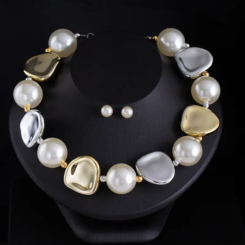 Cross-Border Exclusive Supply of Irregular Geometric Beaded Necklace and Earring Set, French Retro European and American Exquisite Pearl Clavicle Chain — feature 36