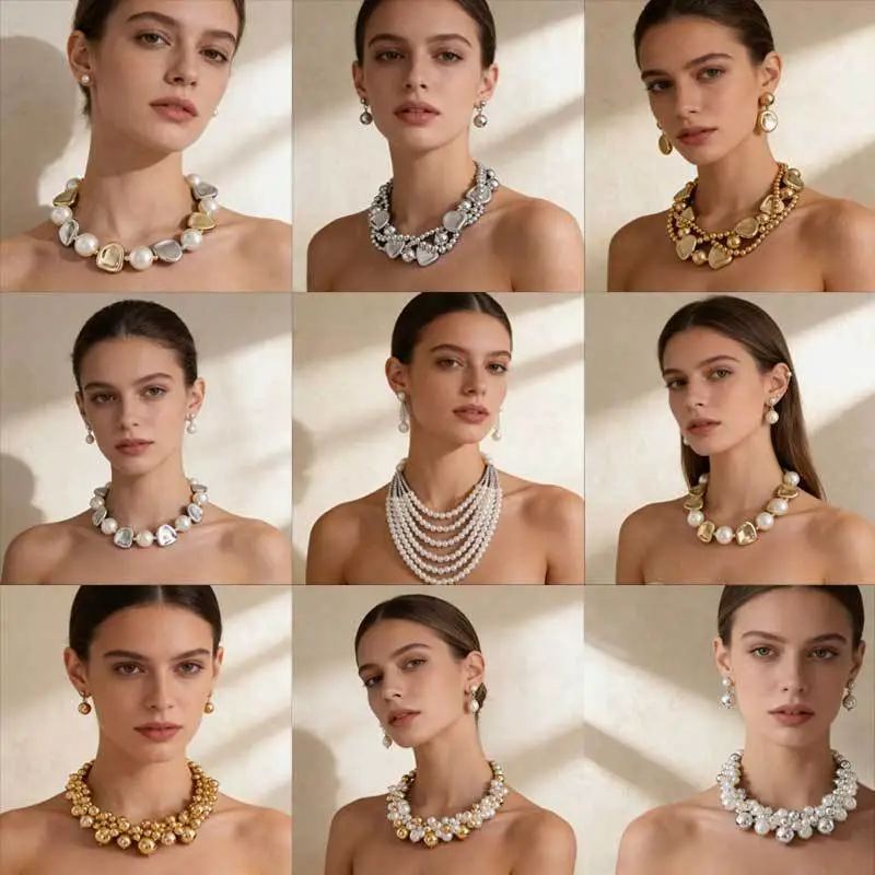 Cross-Border Exclusive Supply of Irregular Geometric Beaded Necklace and Earring Set, French Retro European and American Exquisite Pearl Clavicle Chain — feature 37