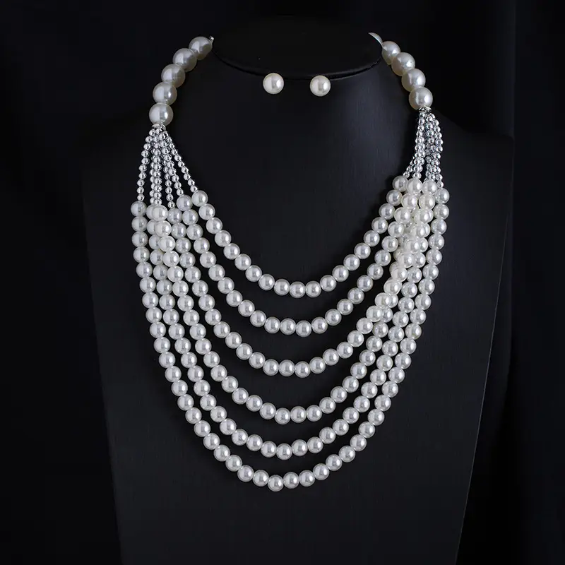 Cross-Border Exclusive Supply of Irregular Geometric Beaded Necklace and Earring Set, French Retro European and American Exquisite Pearl Clavicle Chain