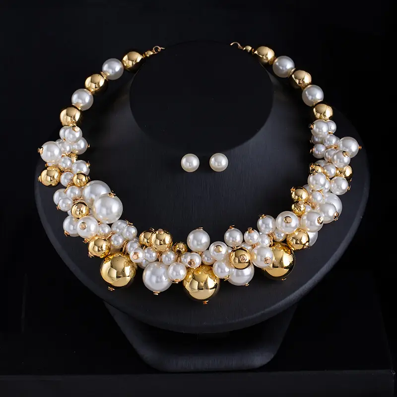 Cross-Border Exclusive Supply of Irregular Geometric Beaded Necklace and Earring Set, French Retro European and American Exquisite Pearl Clavicle Chain