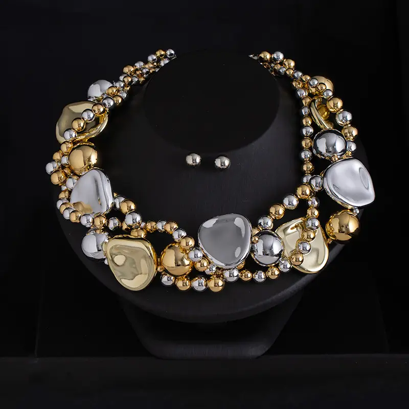 Cross-Border Exclusive Supply of Irregular Geometric Beaded Necklace and Earring Set, French Retro European and American Exquisite Pearl Clavicle Chain