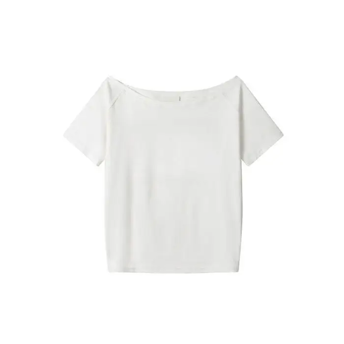 Off-Shoulder Short-Sleeve T-Shirt for Women with Custom Pattern, Slim Fit, Waist-Cinching, Solid Color Top, Sexy New Style — feature 4