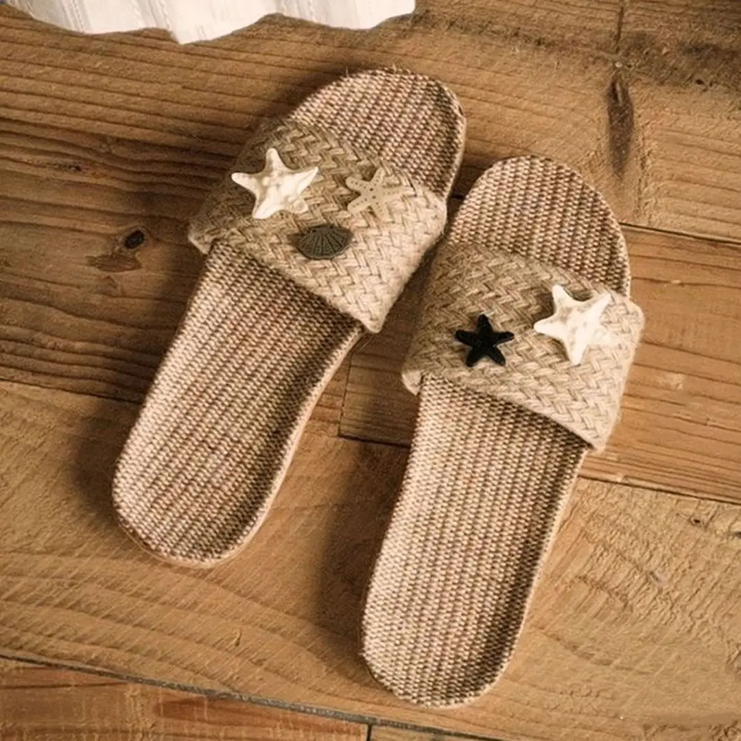 New Summer Linen Straw Woven Refreshing Slippers, Breathable Vacation Style Trendy High-End Foot Care Slippers, Beach Sandals